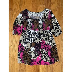 Duo‎ Maternity Brown Pink White Floral Puff Sleeve Shirt Size Small